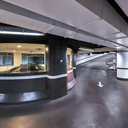 Overview of the underground car park with the parking systems