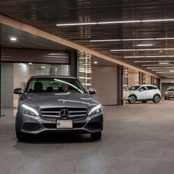 Car drives out of an underground car park