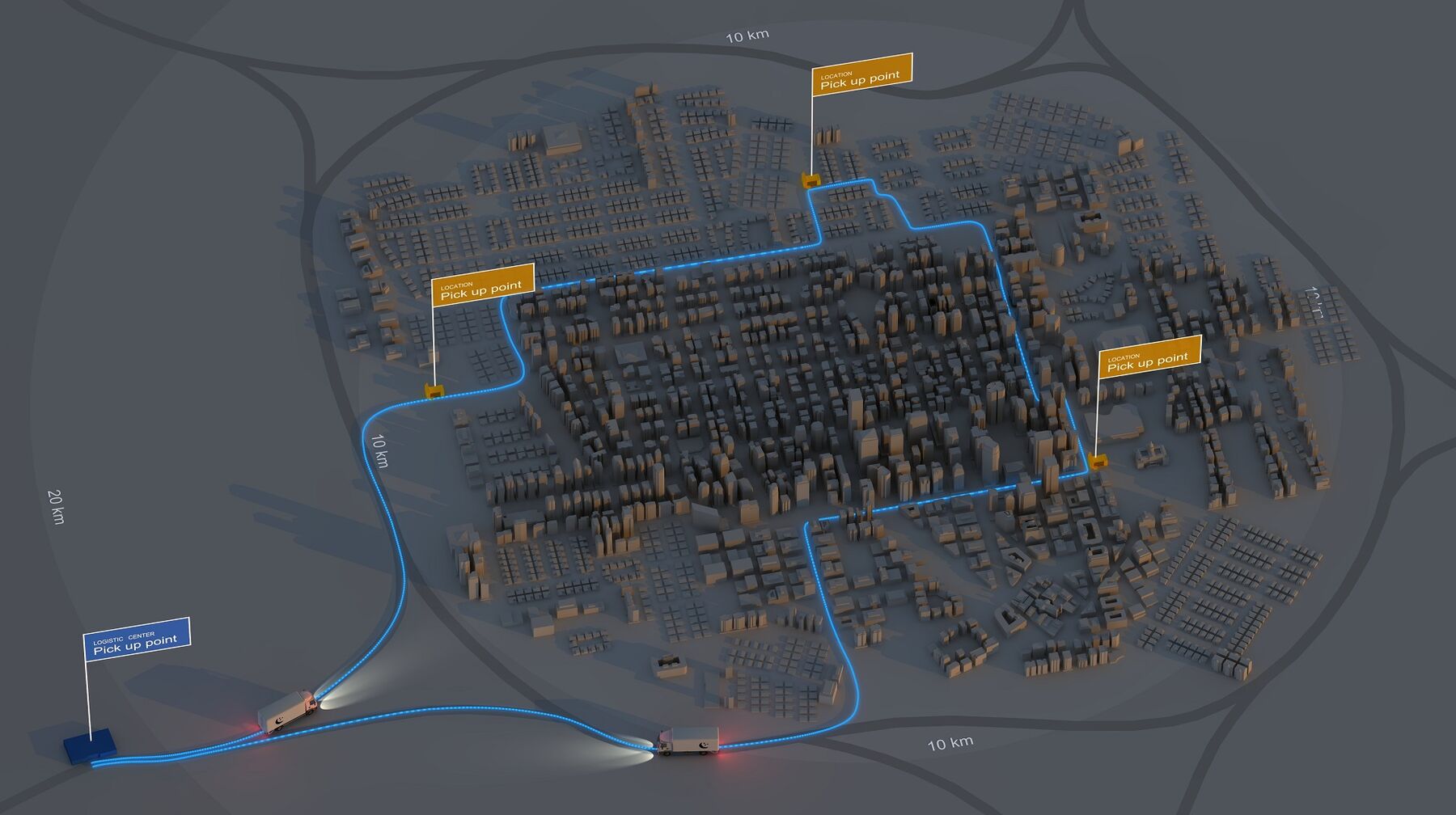 A rendering of a city showing the transport routes