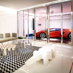 The view from the living room, with the car in the Skygarage in the background
