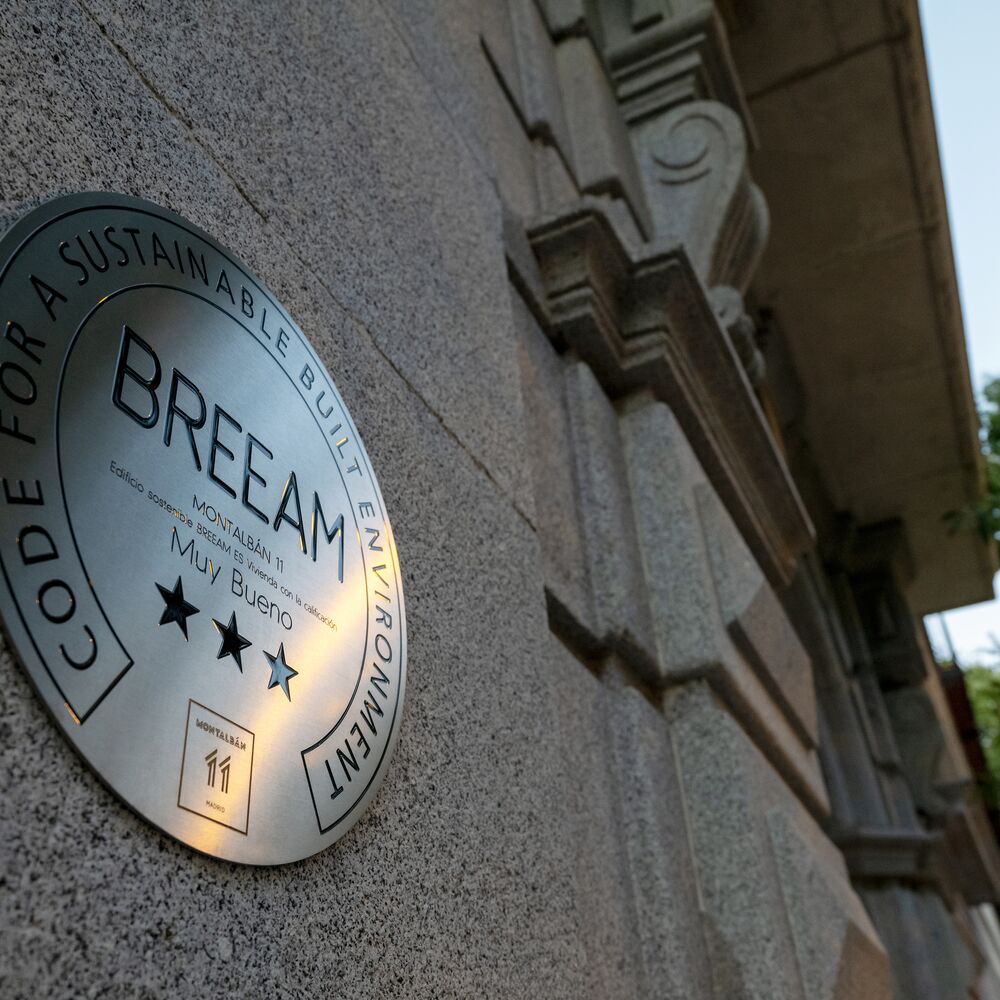 BREEAM certification plaque on a building wall