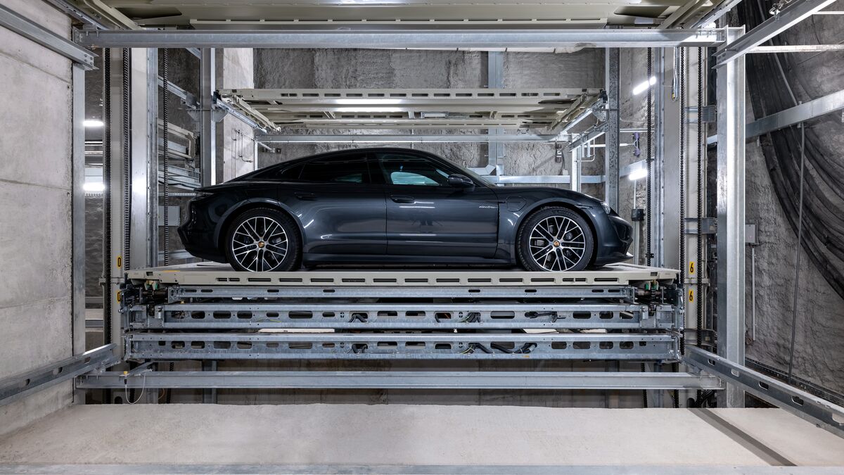 Side view of a car on an automated parking system