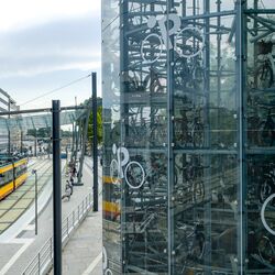 Close-up of an automatic parking system with parked bikes