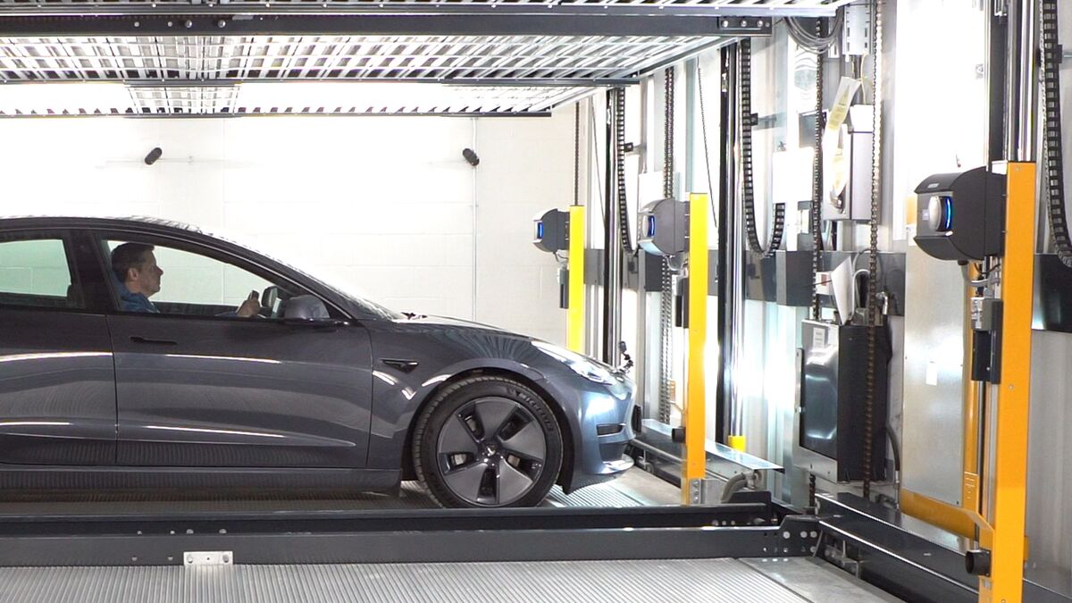 The car is parked on a parking platform
