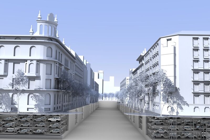 Rendering of a high-density underground car park beneath the buildings