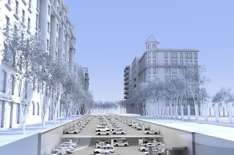 Rendering of a high-density underground car park beneath the street