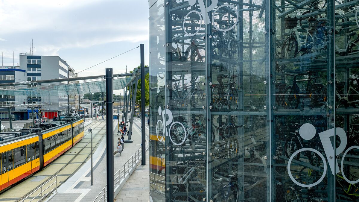 Close-up of an automatic parking system with parked bikes