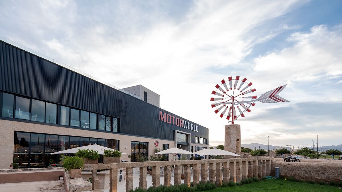 Exterior view of Motorworld Mallorca, showing part of the terrace