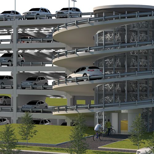 Visualisation of a bicycle parking tower integrated into a multi-storey car park