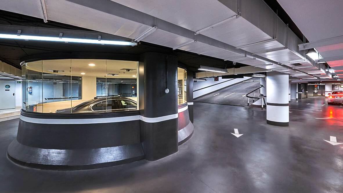 Overview of the underground car park with the parking systems