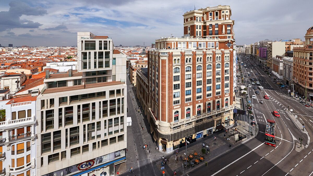 Aerial view of the Gran Via Capital building in Madrid
