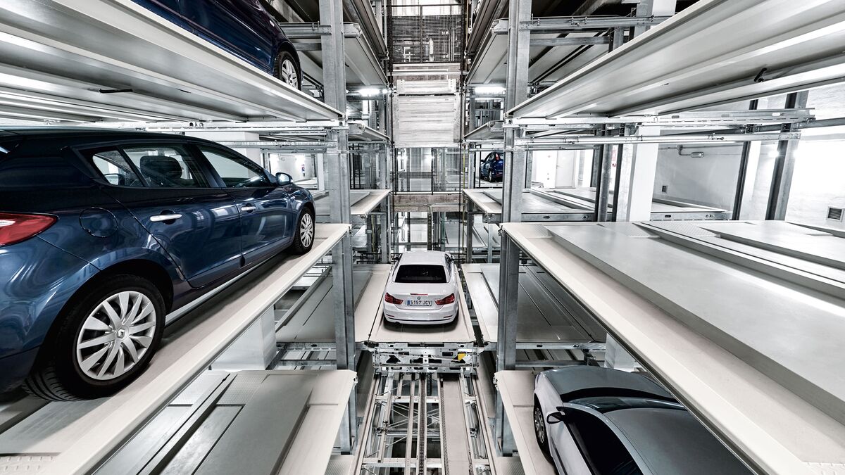 Cars are parked in a rack storage system