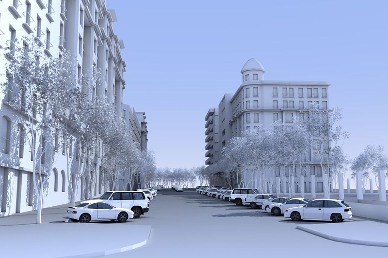 Rendering of a city with parked cars