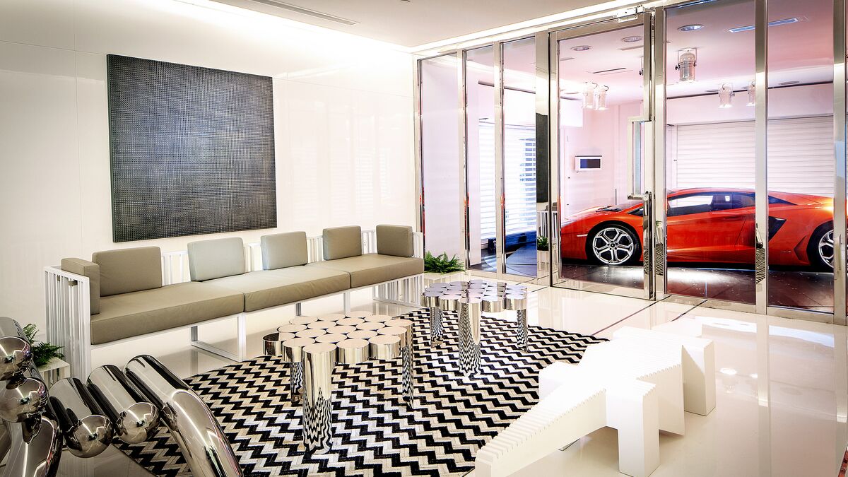 The view from the living room, with the car in the Skygarage in the background