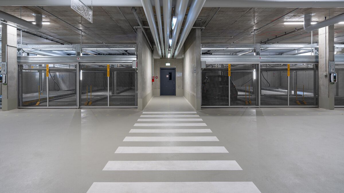 Front view of the parking systems, looking towards the underground car park exit
