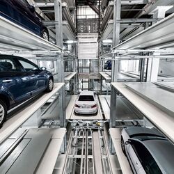 Cars are parked in a rack storage system