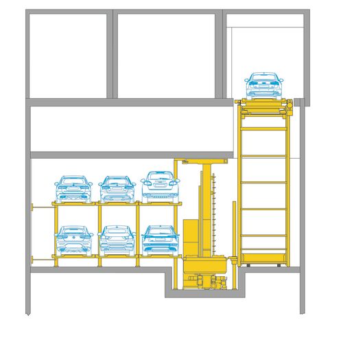 The illustration shows the arrangement of parking spaces in a parking system as a cross-section