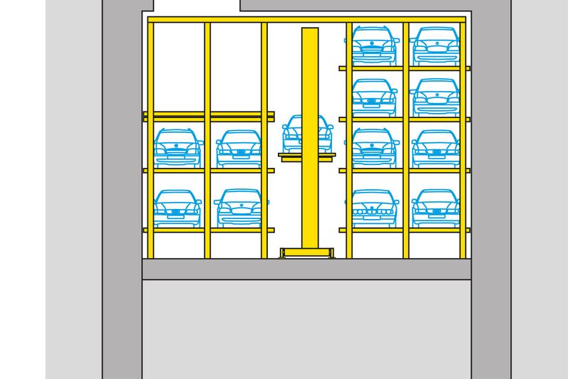 The diagram shows a cross-section of the parking systems in the underground car park