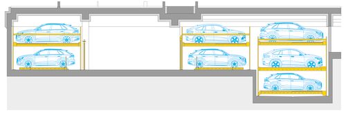 The diagram shows a cross-section of the parking systems in the underground car park