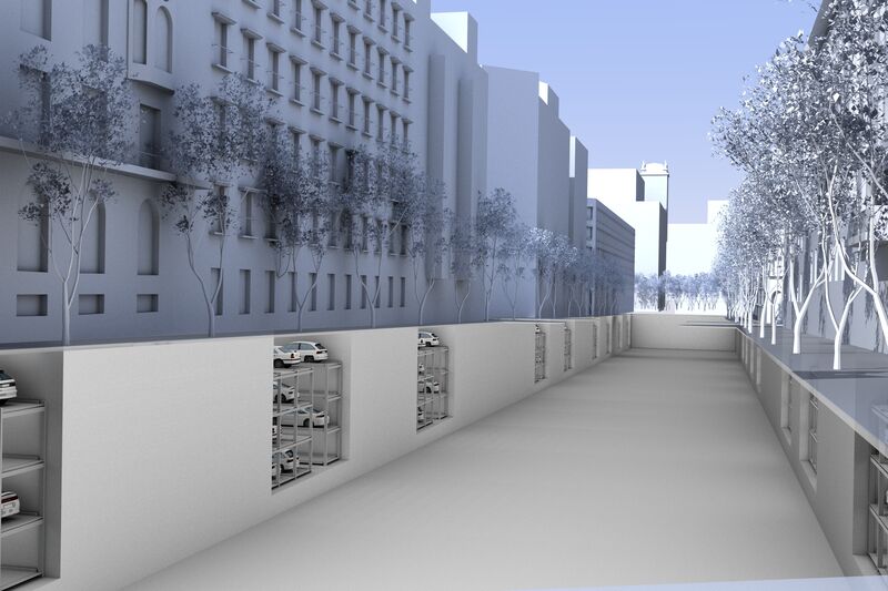 Rendering of a high-density underground car park beneath the buildings