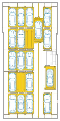 The illustration shows the arrangement of parking spaces in a parking system as a longitudinal section