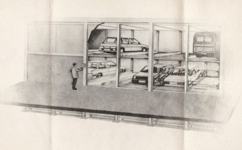 Black-and-white drawing of a car parking system