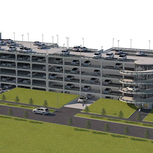 Visualisation of a bicycle parking tower integrated into a multi-storey car park