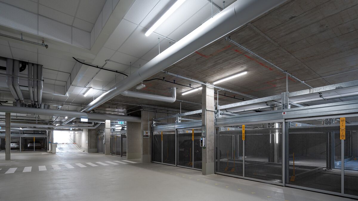 Entrance area to the underground car park with the parking systems