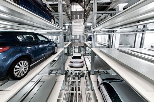 Cars are parked in a rack storage system